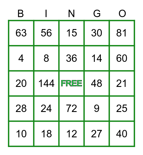 Multiplication Bingo Card