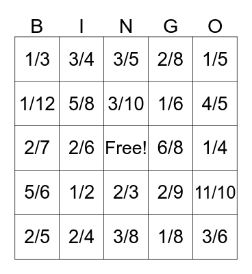 Fraction Bingo Card