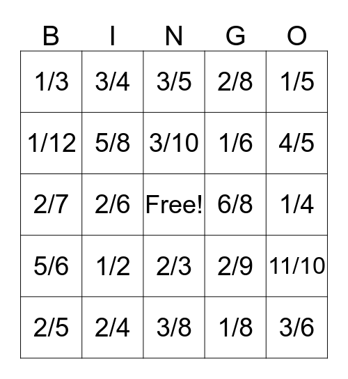 Fraction Bingo Card