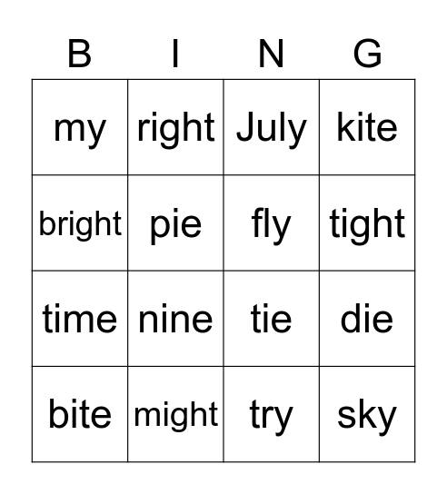 IGH - IE - Y - MAGIC I_E Bingo Card