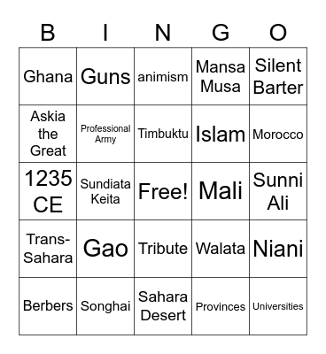 African Kingdoms Bingo Card