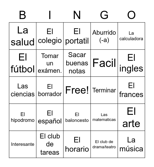 Español 8: La Escuela Bingo Card