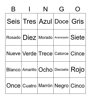 Colores and Números Bingo Card