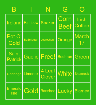 St. Patrick's Day TKWW Bingo Card