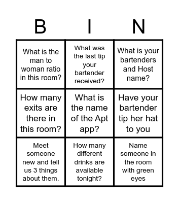 SECRET BAR BINGO Card