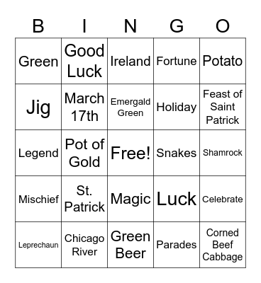 St. Patrick's Day Bingo Card