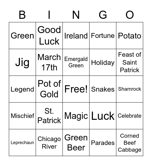 St. Patrick's Day Bingo Card