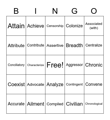 Vocabulary 1 Bingo Card