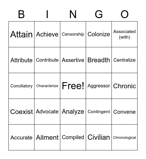 Vocabulary 1 Bingo Card