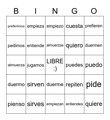 Stem-changing Verbs Bingo Card