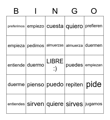 Stem-changing Verbs Bingo Card