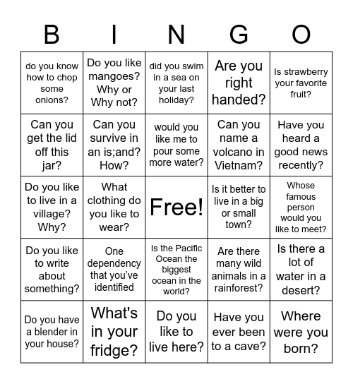 Question and Answer Bingo Card