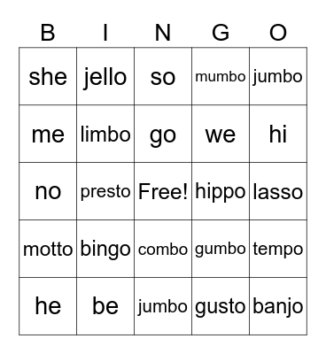 Closed Syllable/Open Syllable Bingo Card