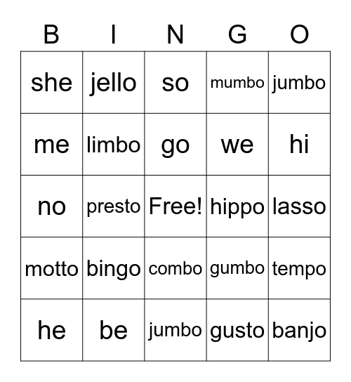 Closed Syllable/Open Syllable Bingo Card