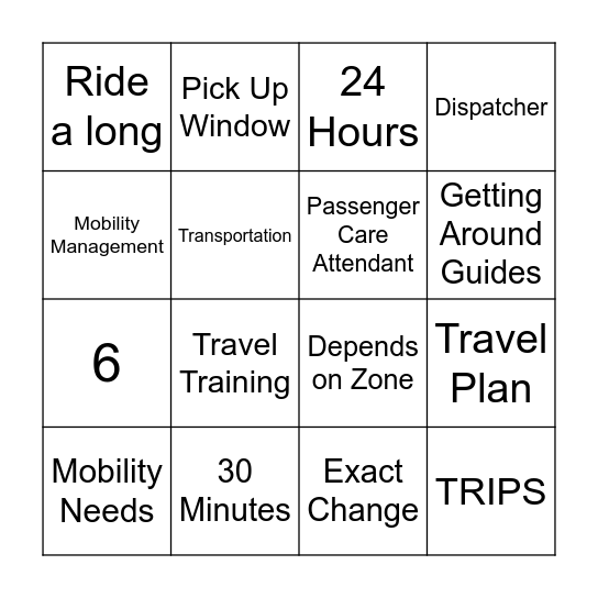 Mobility Management Bingo Card