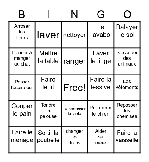 Les travaux domestiques BINGO Card