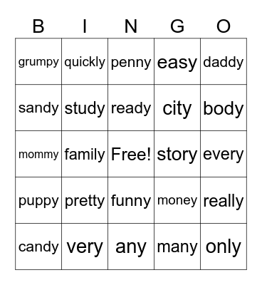 y as long e sound Bingo Card
