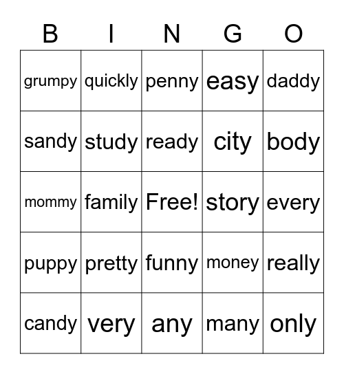 y as long e sound Bingo Card