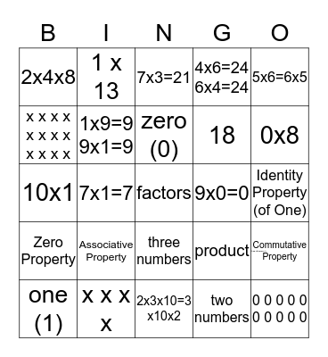 Multiplication Property Bingo Card