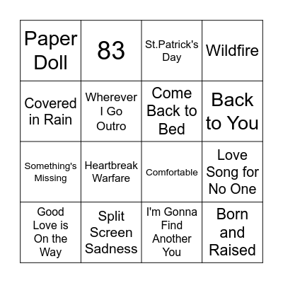 John Mayer Concert Bingo Card