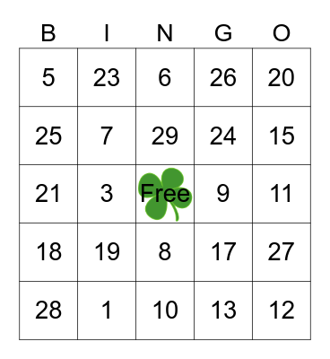 HRS St. Patrick's Day Bingo Card