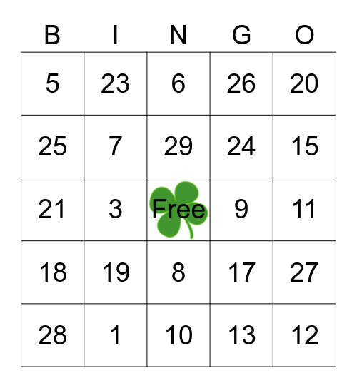 HRS St. Patrick's Day Bingo Card