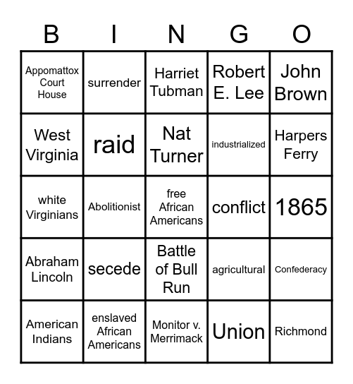 Civil War Bingo Card