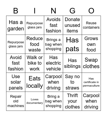 sustainability Bingo Card