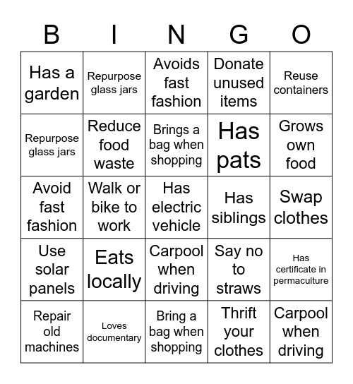 sustainability Bingo Card