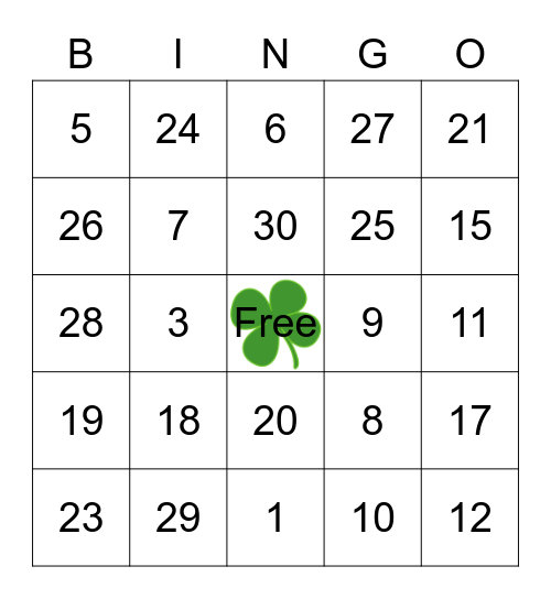 HRS St. Patrick's Day Bingo Card