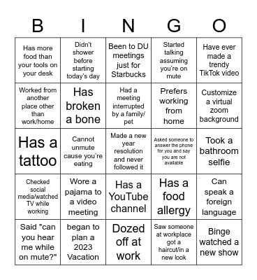 Fun workplace Bingo Card