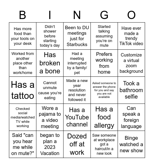 Fun workplace Bingo Card