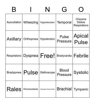 Vital Signs Bingo Card