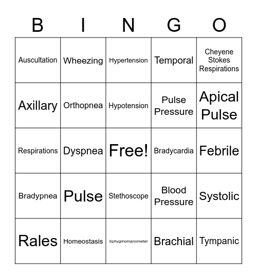 Vital Signs Bingo Card