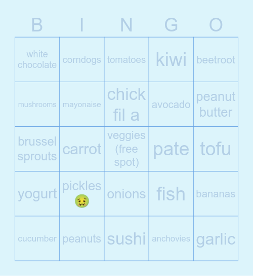 picky eater (will not eat) Bingo Card