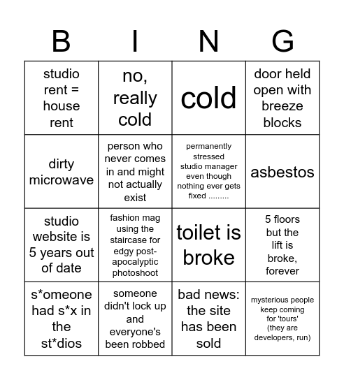 art studio bingo Card