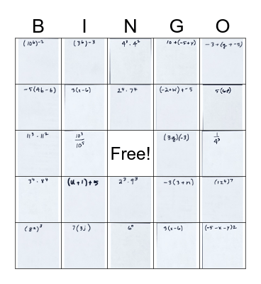 Expressions and Exponents Bingo Card