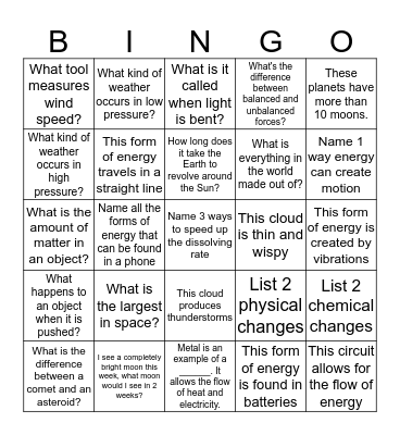 Science Review Bingo Card