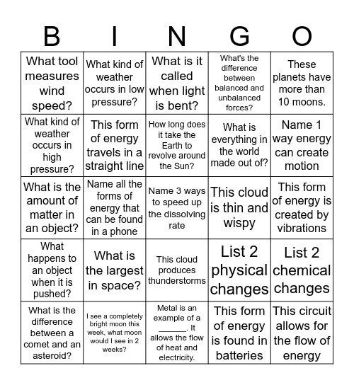 Science Review Bingo Card