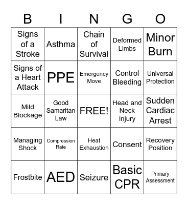 First Aid, CPR and AED Bingo Card