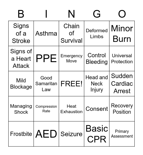 First Aid, CPR and AED Bingo Card