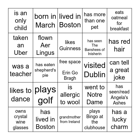 Irish Bingo Card