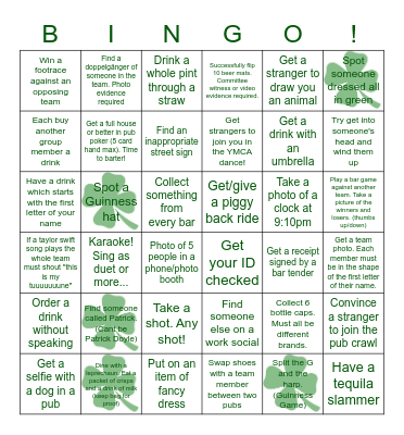 St Patricks Day Crawl Bingo Card