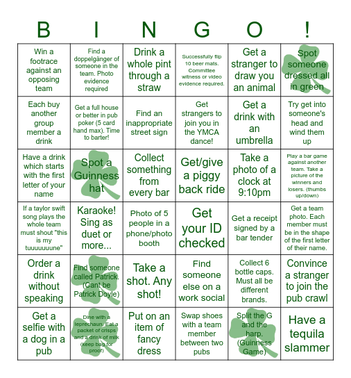 St Patricks Day Crawl Bingo Card