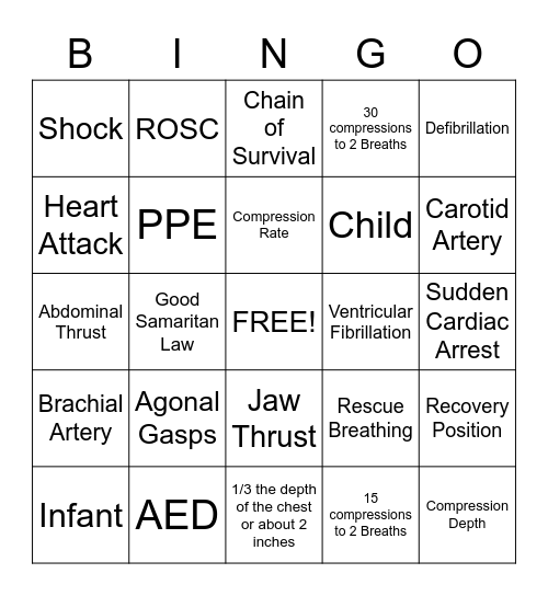 First Aid, CPR and AED Bingo Card