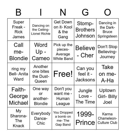 DD42 80's DANCE ME! Bingo Card