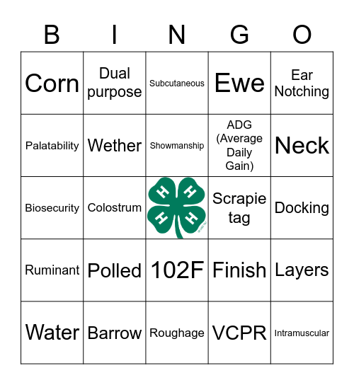 4-H Animal Science Bingo Card