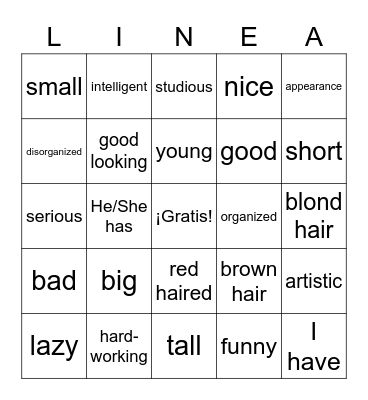 Los adjetivos Bingo Card