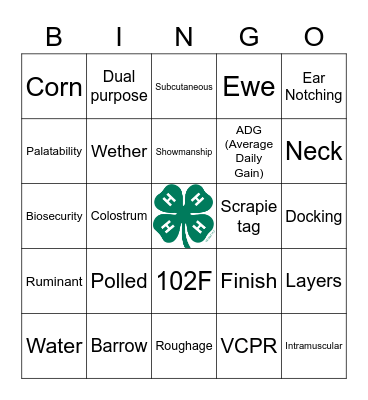 4-H Animal Science Bingo Card