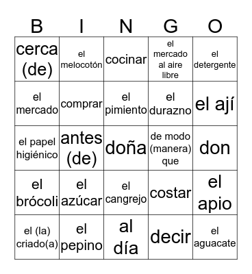 Vocabulario Lección 6: En el mercado Bingo Card